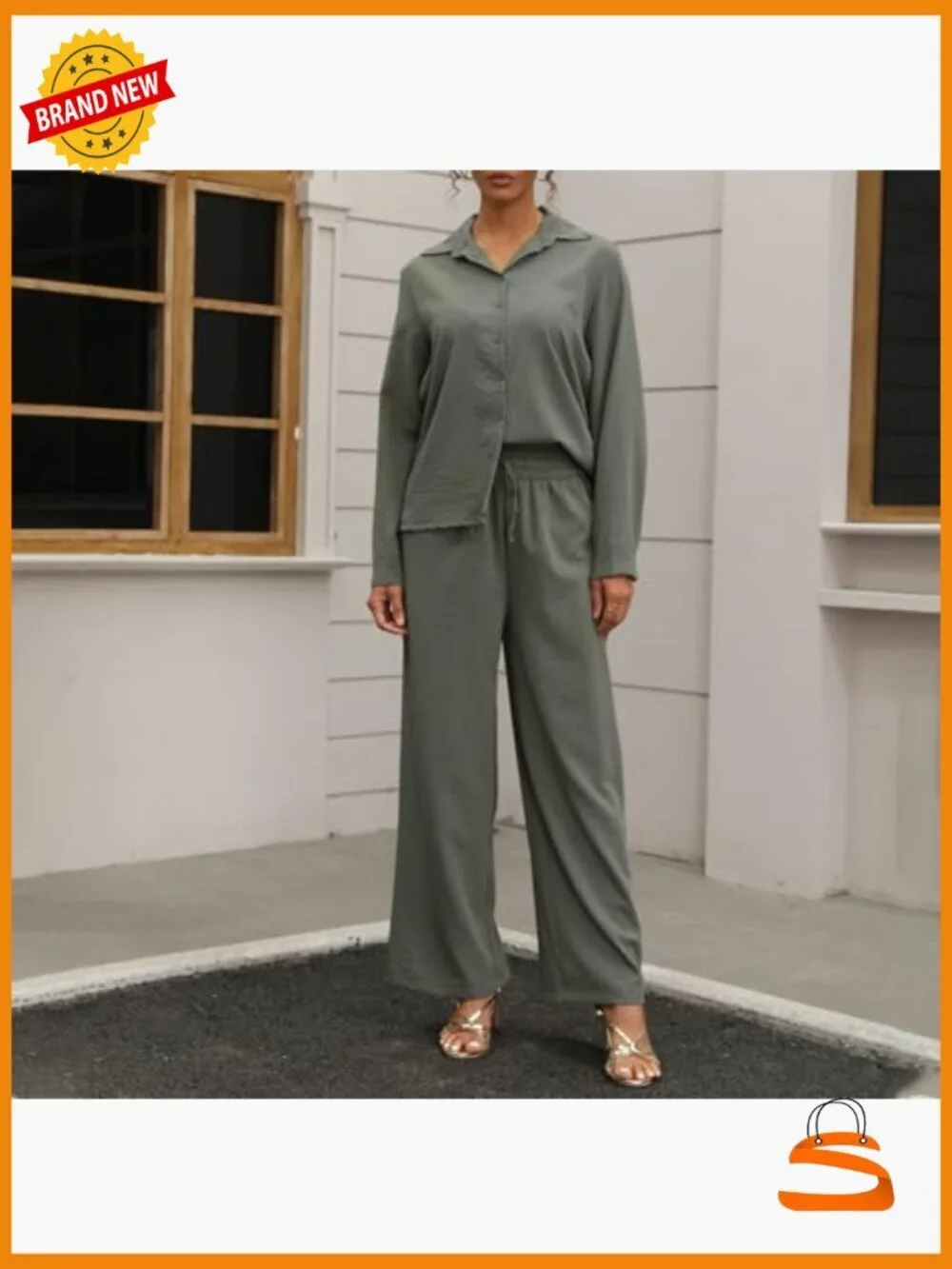 Women's Linen 2 Piece Lounge Set Button Down Shirt Wide Leg Pants Pockets